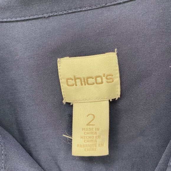 Chicos Shirt Womens 2 US Large Navy Long Roll Tab Sleeve Button Pockets Collar - Picture 6 of 13